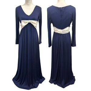 VTG 70s Blue Bucolic Maxi Dress Bow Accent Boho Hippie Victorian Edwardian XS